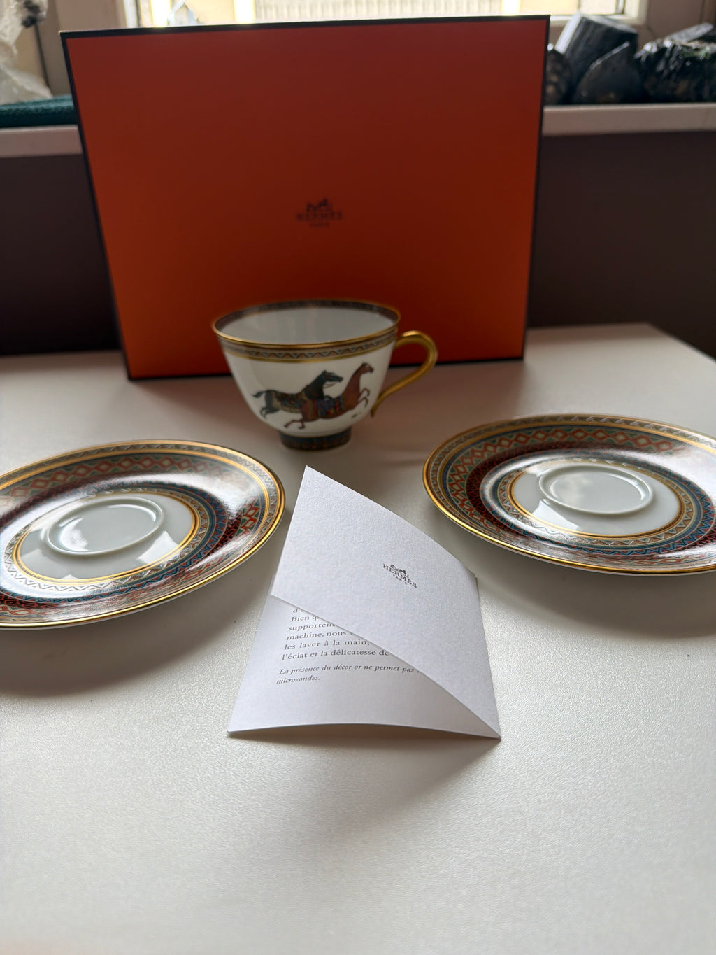 Hermès Cheval d’Orient Porcelain Tea Cup & Two Saucers – Original Box