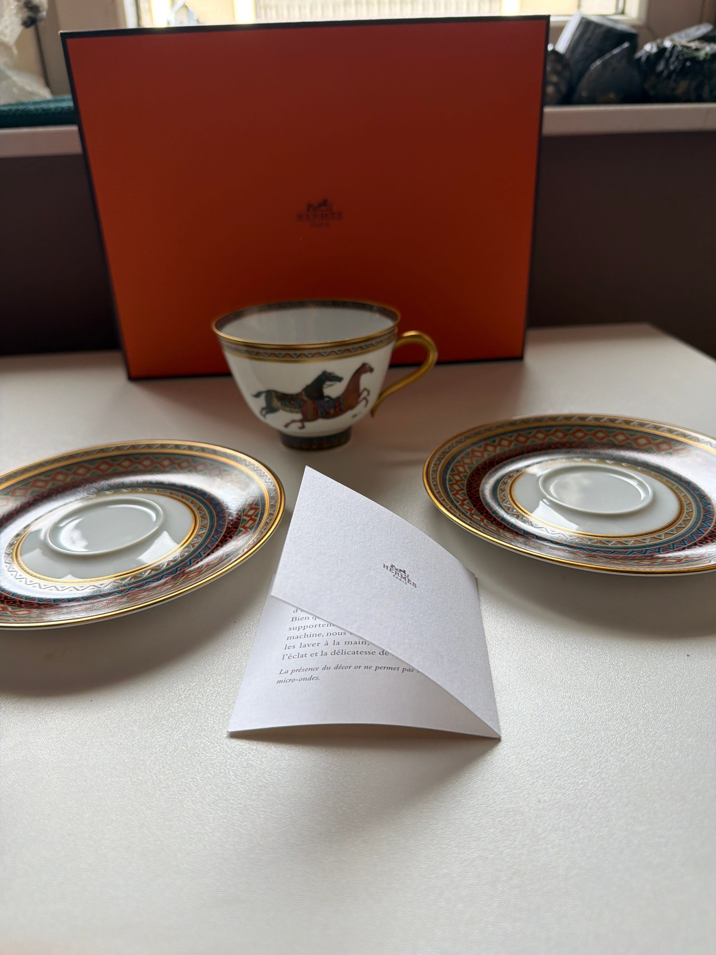 Hermès Cheval d’Orient Porcelain Tea Cup & Two Saucers – Original Box