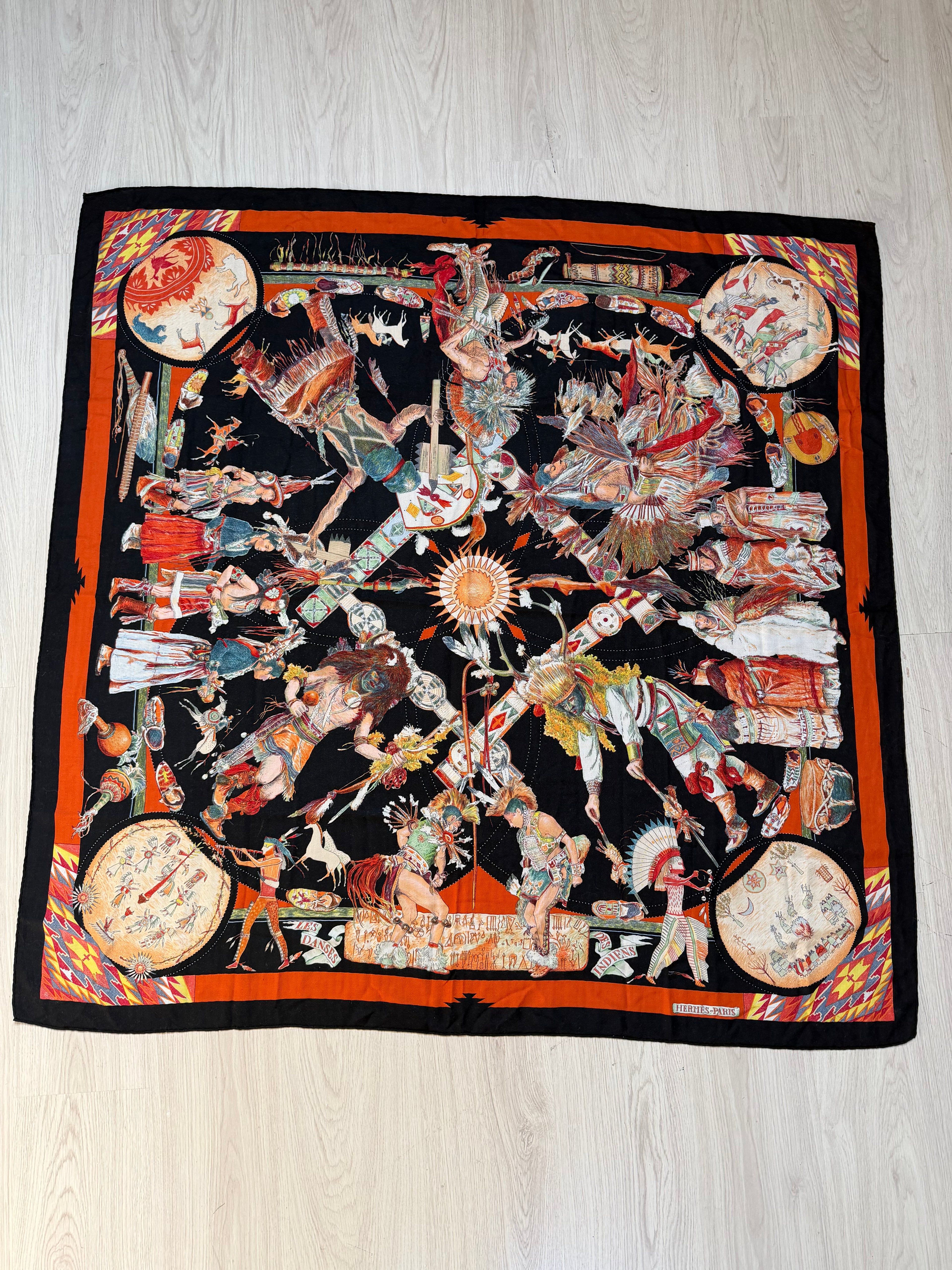 Hermès Les Danses des Indiens Cashmere Silk Shawl 140 – Kermit Oliver – Vintage