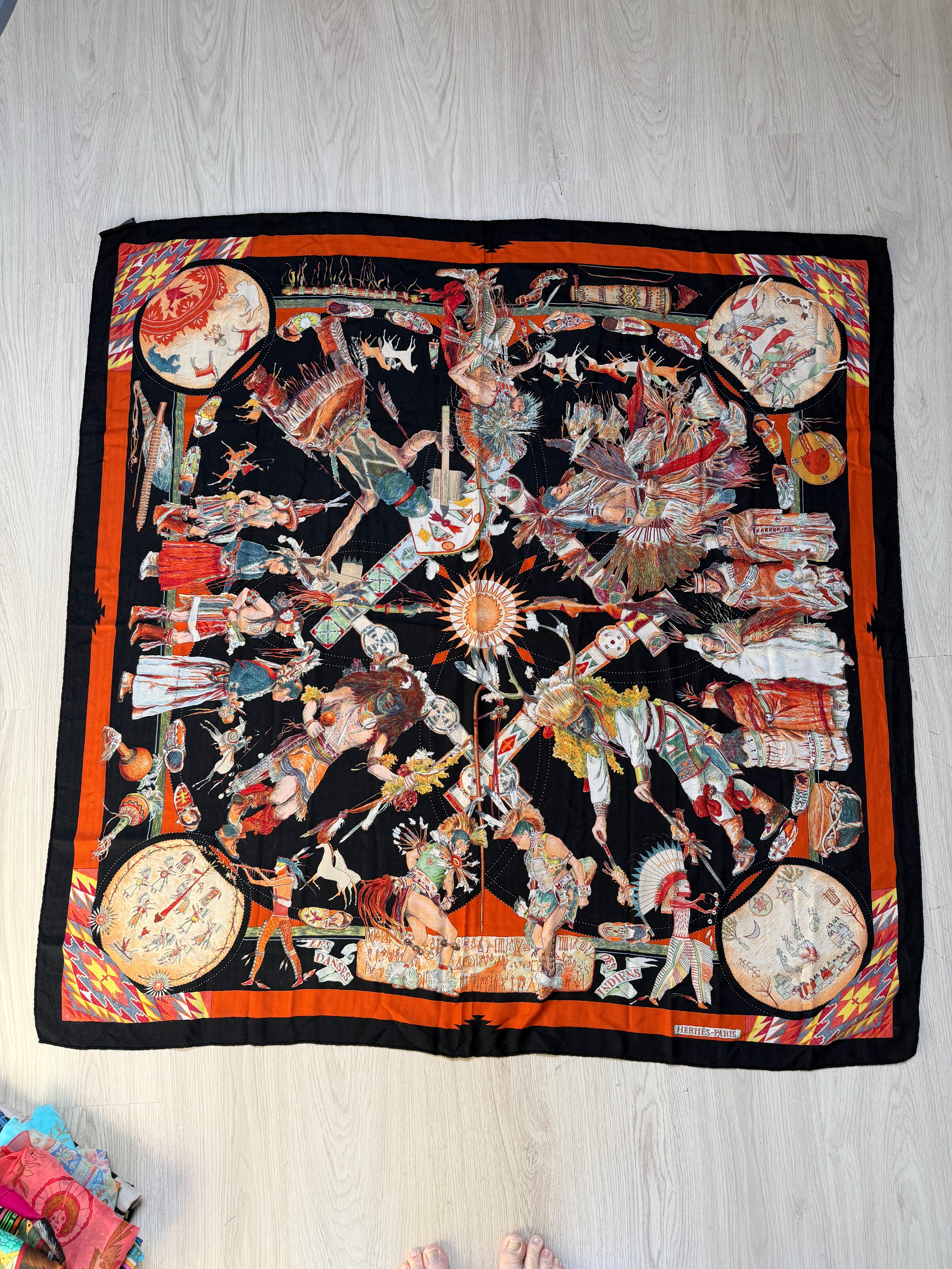 Hermès Les Danses des Indiens Cashmere Silk Shawl 140 – Kermit Oliver – Vintage