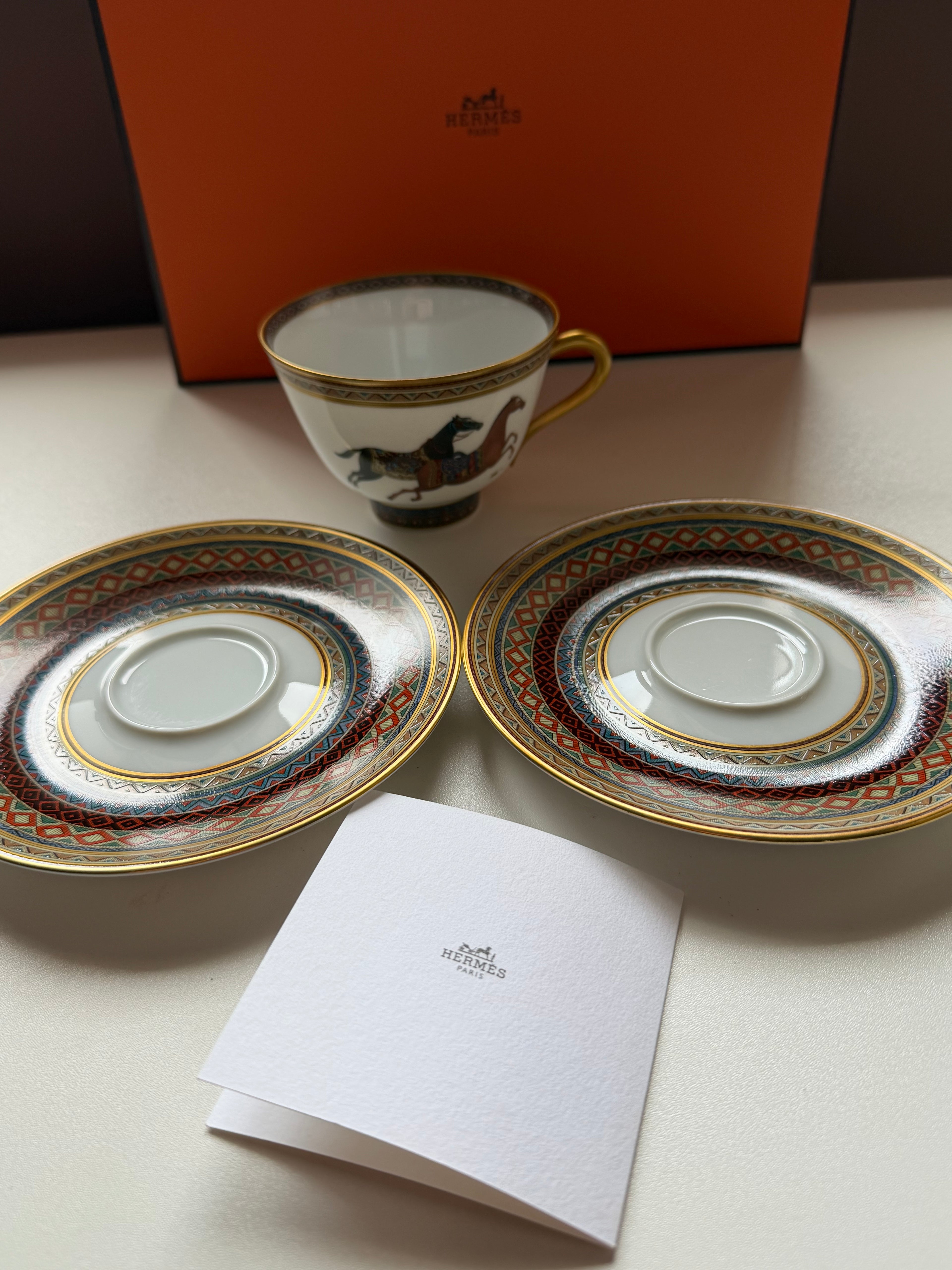 Hermès Cheval d’Orient Porcelain Tea Cup & Two Saucers – Original Box