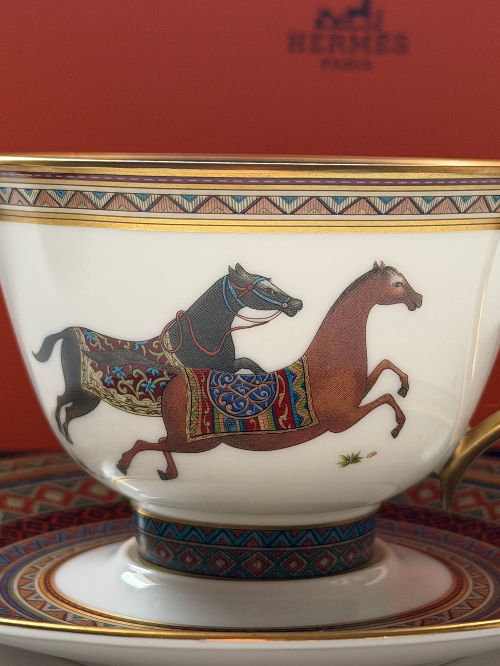 Hermès Cheval d’Orient Porcelain Tea Cup & Two Saucers – Original Box