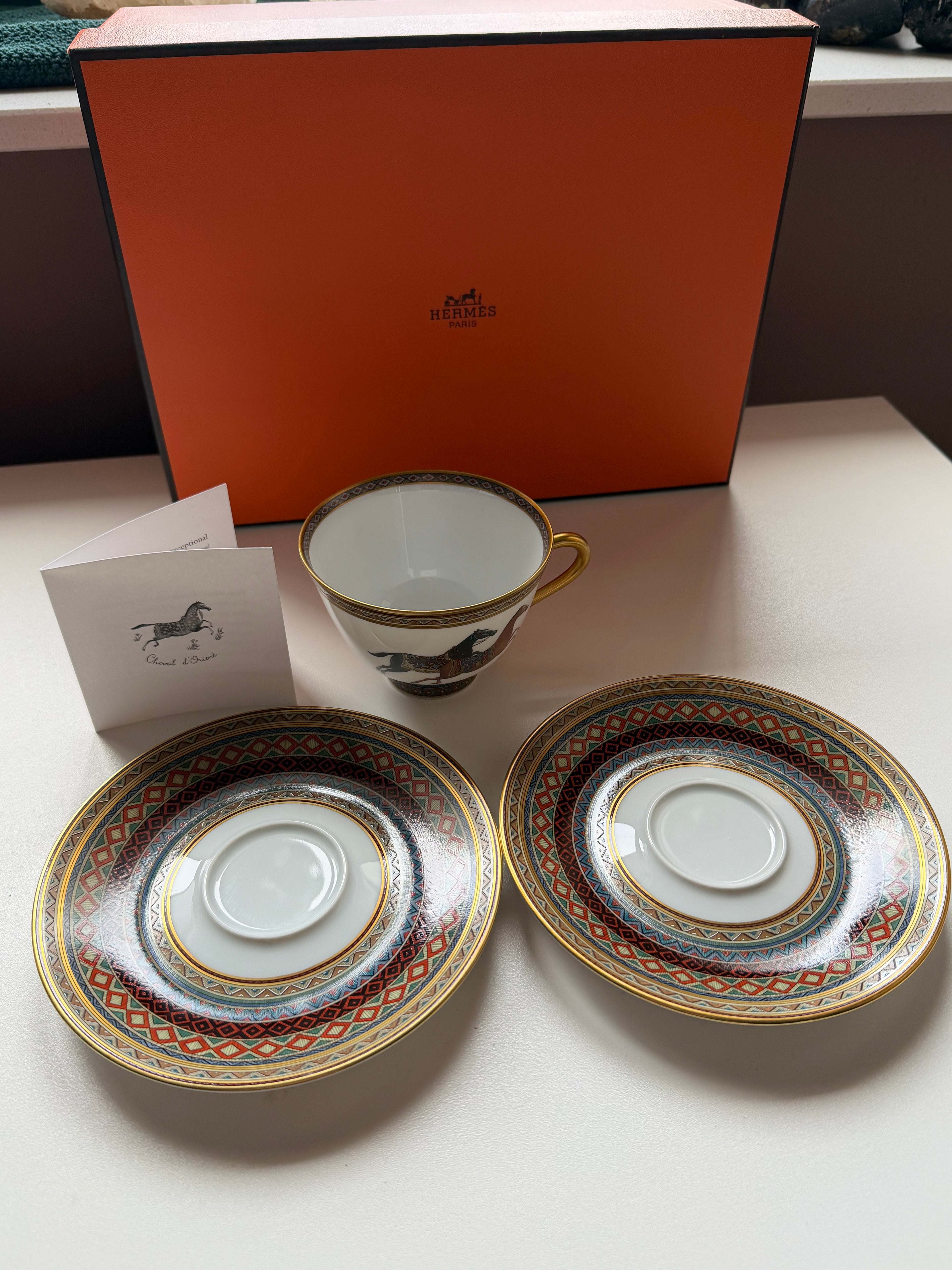 Hermès Cheval d’Orient Porcelain Tea Cup & Two Saucers – Original Box
