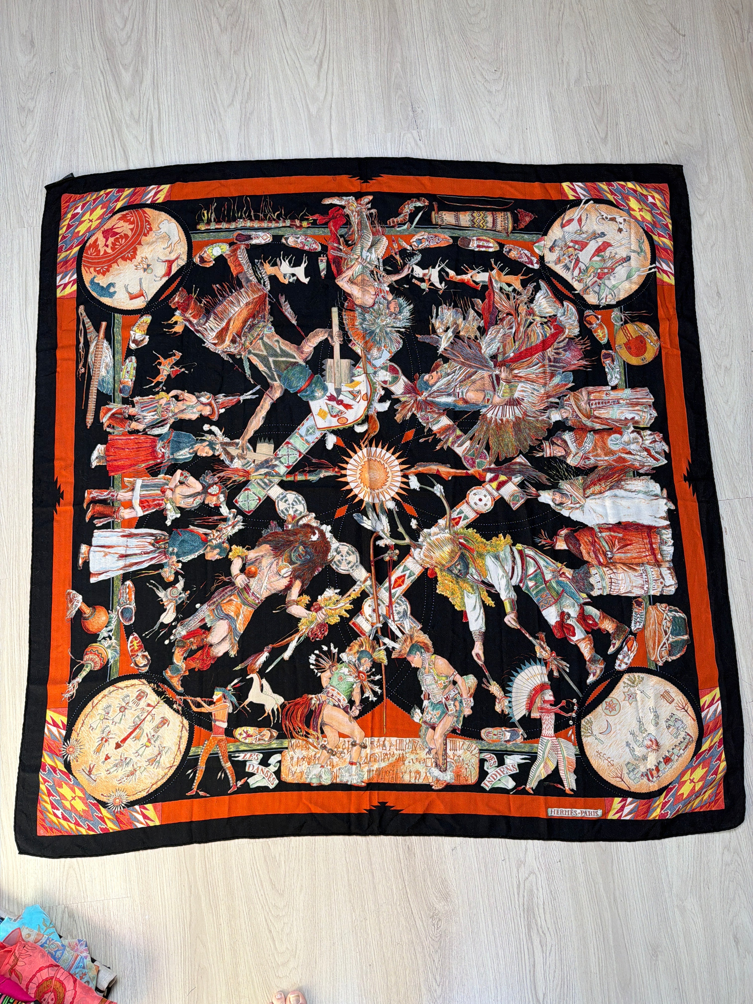 Hermès Les Danses des Indiens Cashmere Silk Shawl 140 – Kermit Oliver – Vintage