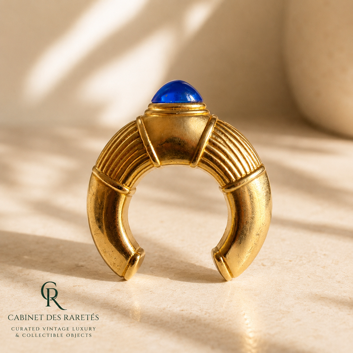 Vintage Boucheron Paris Brooch – Gold-Tone & Blue Cabochon