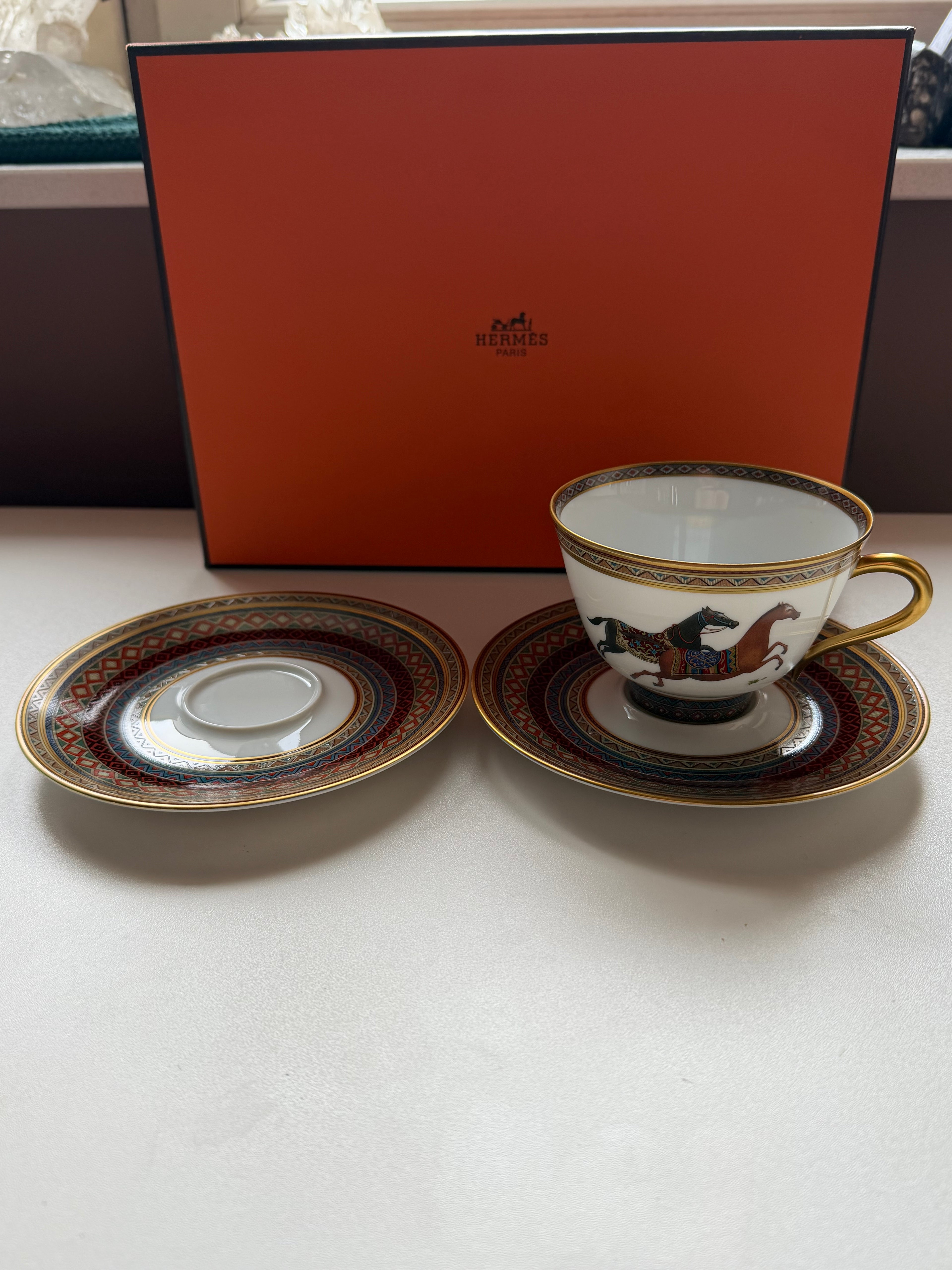 Hermès Cheval d’Orient Porcelain Tea Cup & Two Saucers – Original Box
